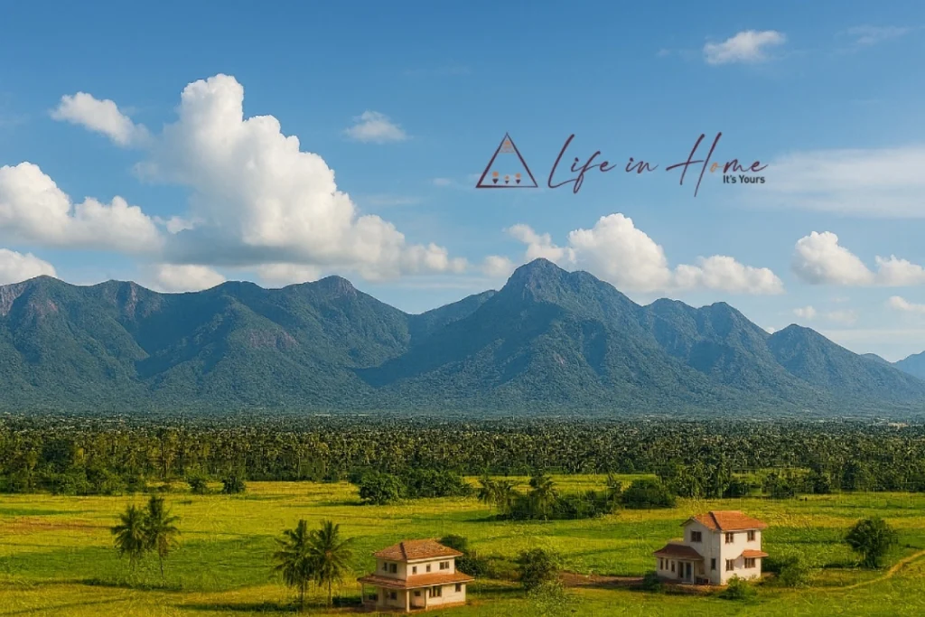 Modern farmhouse with coconut trees in Coimbatore.