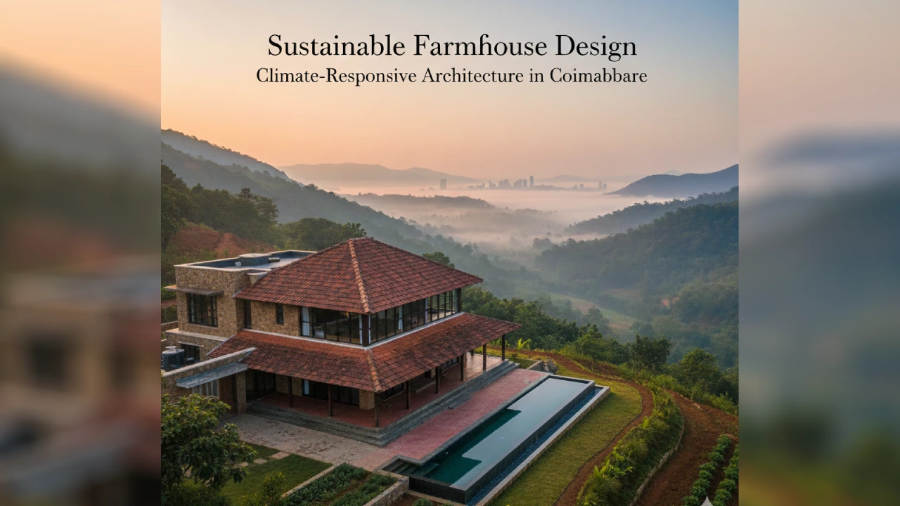 ustainable farmhouse design with deep overhangs and stone walls Coimbatore
