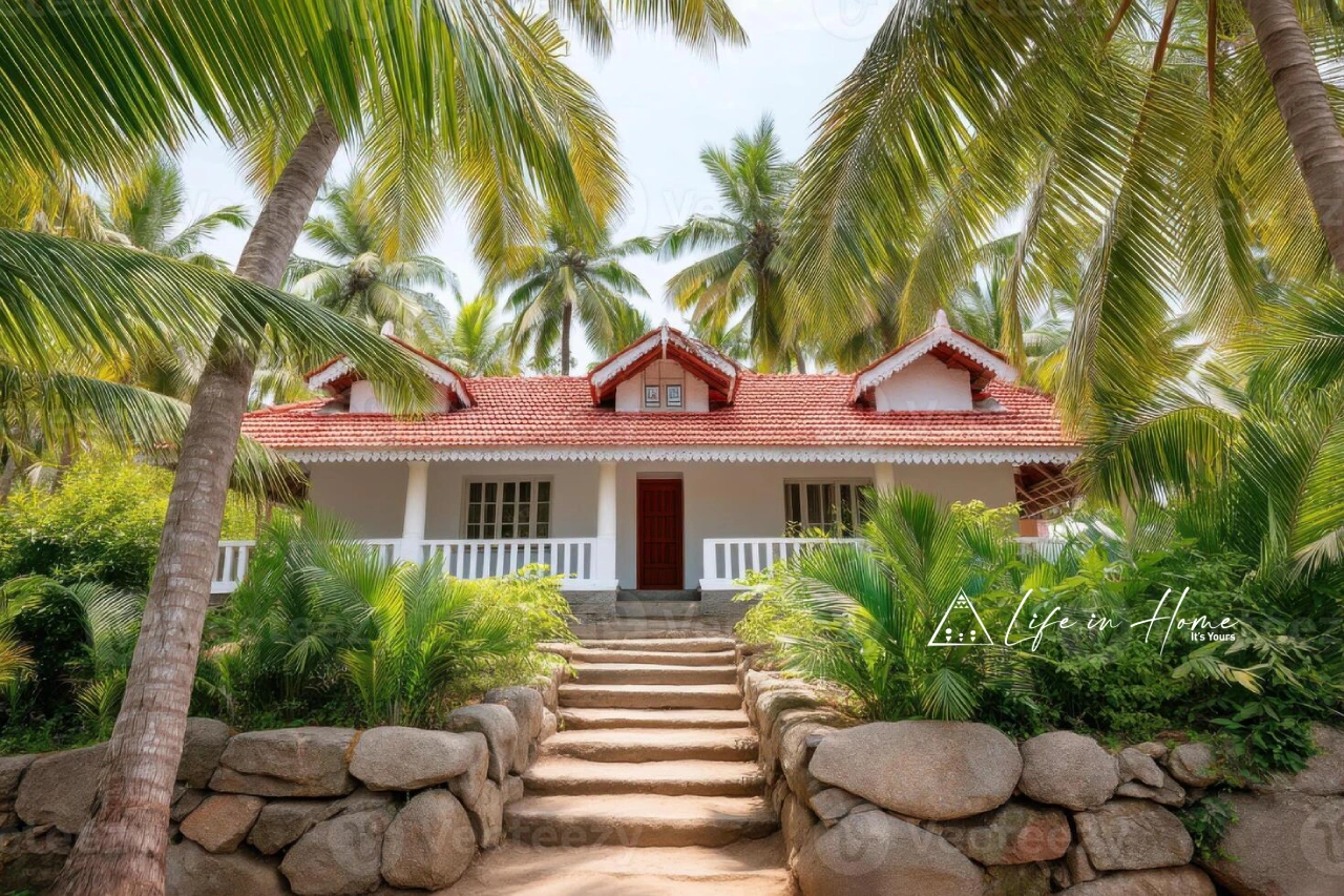 Scenic countryside home rentals view in Coimbatore featuring a traditional white farmhouse and Life in Home branding for property management.