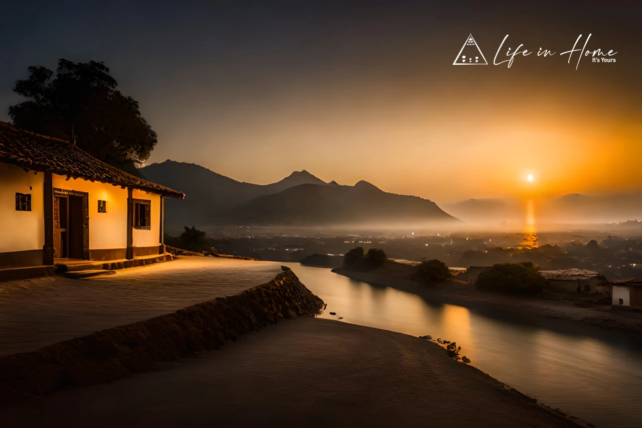 A premium vacation rental property with a stunning river view at sunset, showcasing the peaceful lifestyle of managed countryside home rentals.