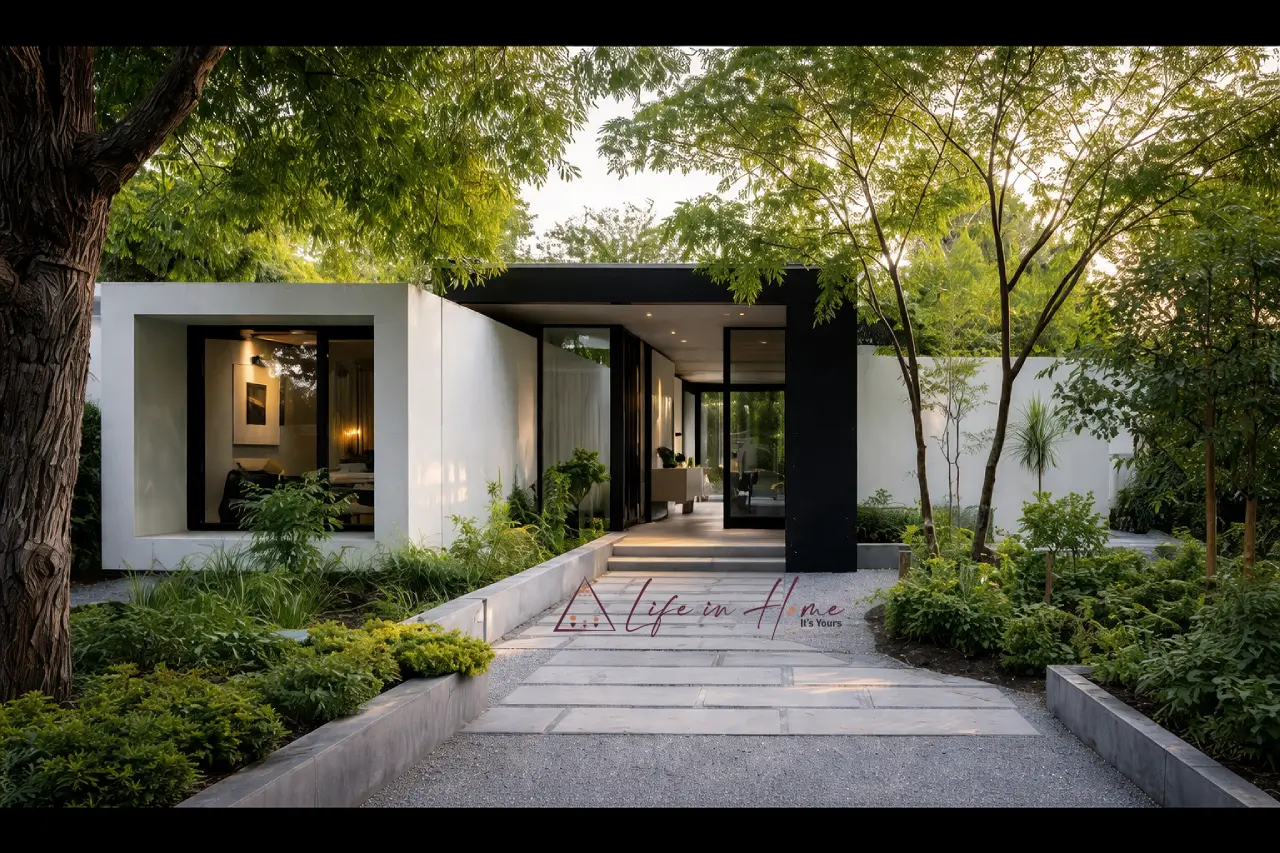 Modern minimalist farmhouse exterior design with black and white contrast for luxury home construction in Coimbatore.