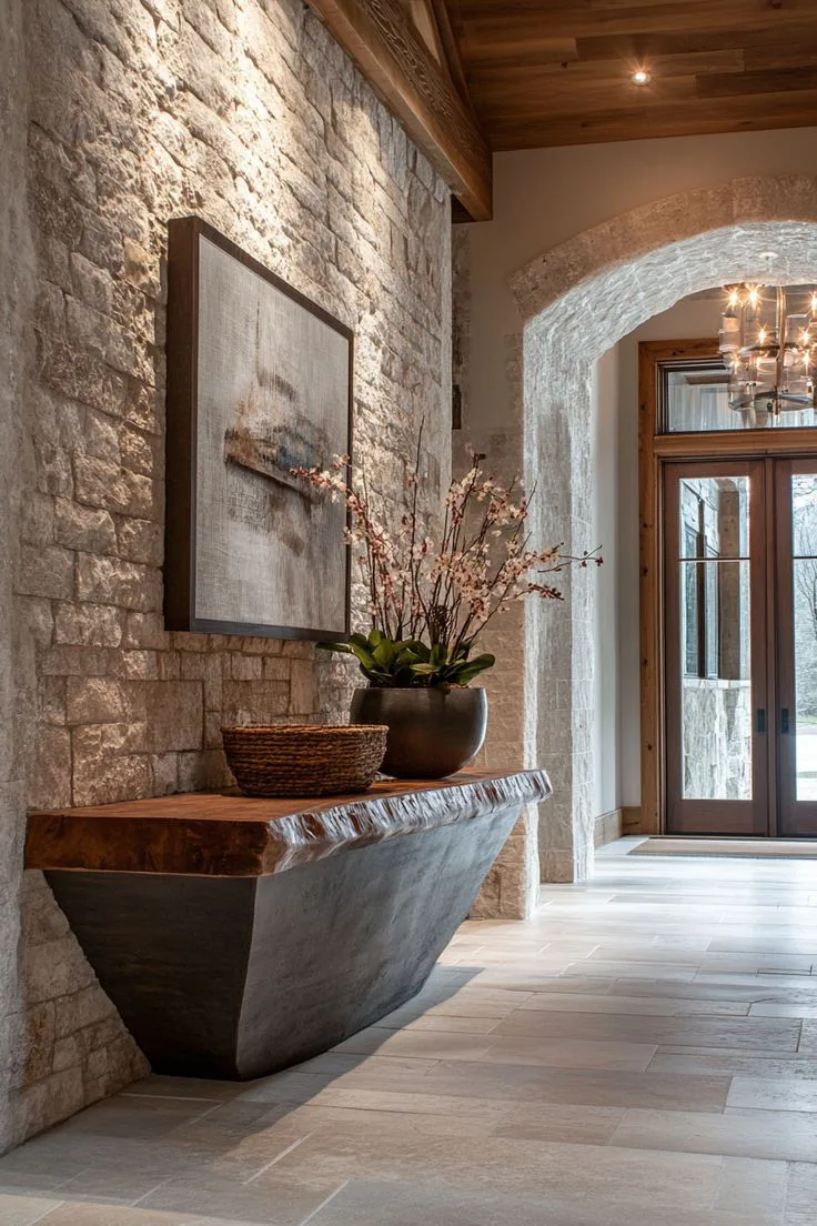 Rustic farmhouse welcome area featuring natural granite stone walls and exposed timber rafters—traditional construction in Siruvani.