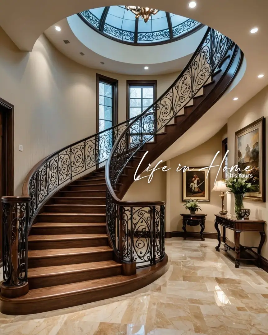 Rustic farmhouse staircase featuring locally sourced granite steps and custom handcrafted wrought iron railings in a Coimbatore luxury estate.