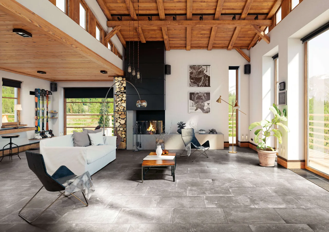 Rustic natural stone flooring featuring flamed granite and Tandur stone—durable farmhouse tile option for high-traffic areas in Coimbatore.