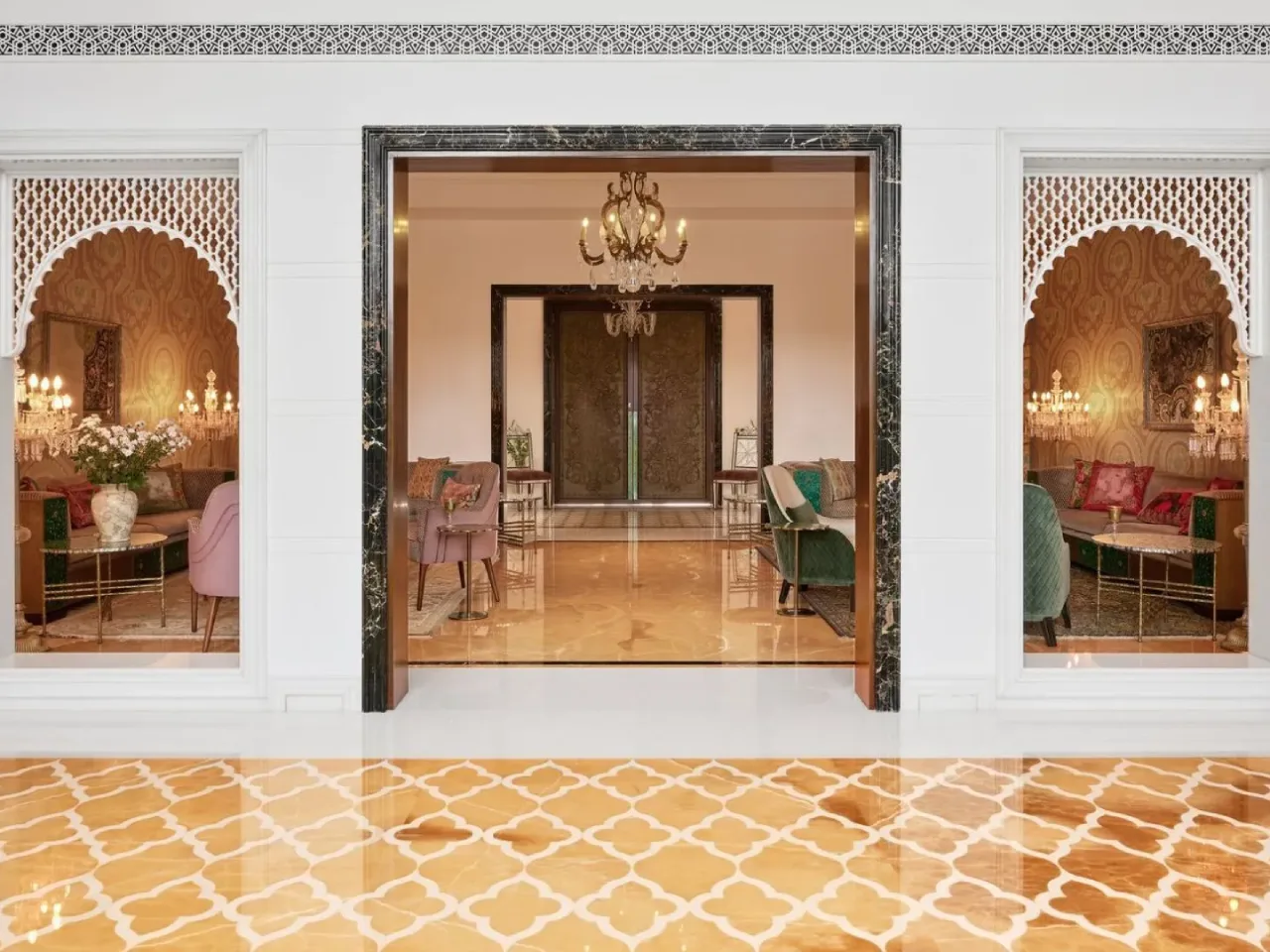 Traditional patterned Athangudi tiles and terracotta flooring—heritage farmhouse style for luxury retreats in Siruvani and Palakkad.