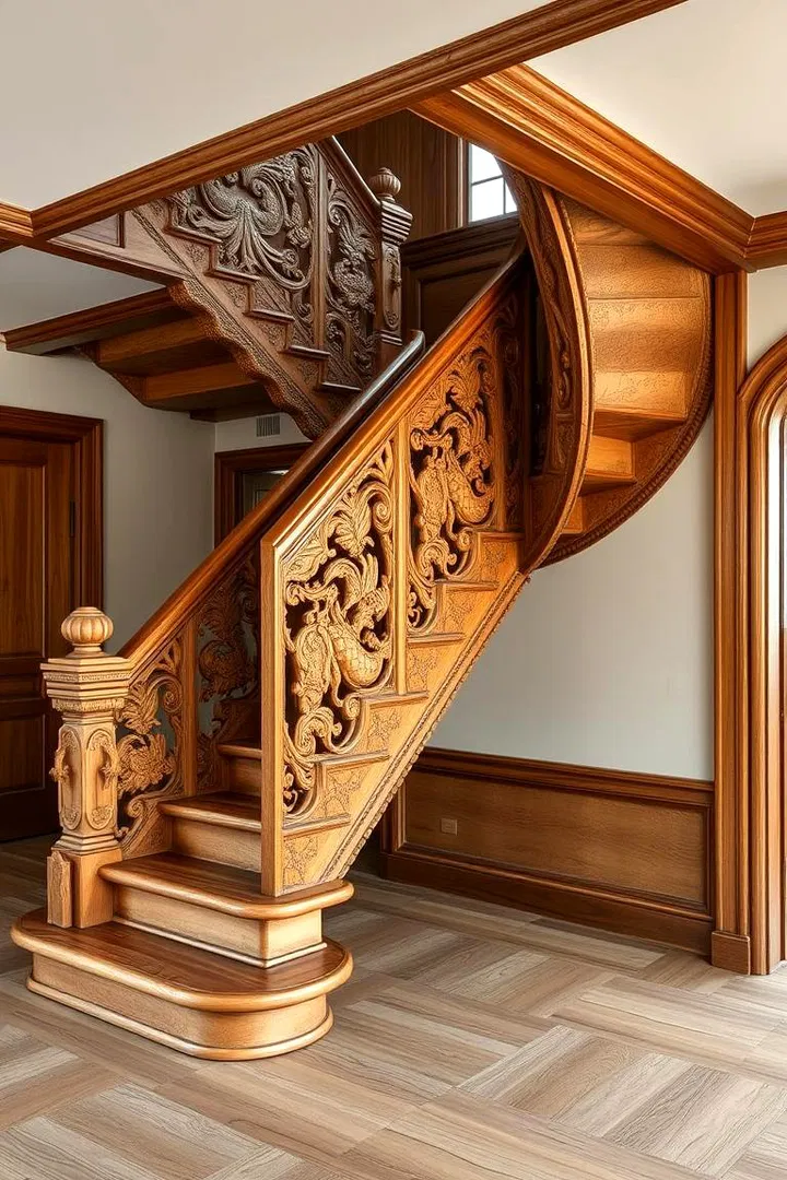 Traditional heritage-style spiral staircase crafted from dark rosewood with intricate Kerala carvings—boutique NRI farmhouse interior in Siruvani.