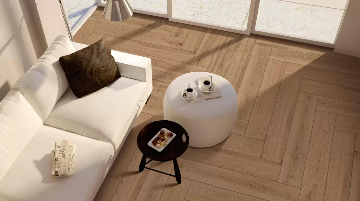 Luxury wood-finish vitrified tiles—waterproof and low-maintenance durable farmhouse flooring for NRI homes in Coimbatore.