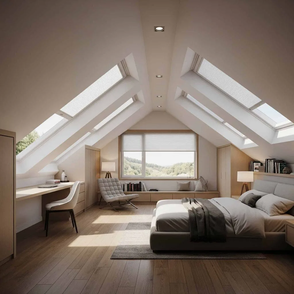 Minimalist Scandi-Zen bedroom with light oak wood floors, neutral linen bedding, and an airy white aesthetic—modern vacation home in Narasimukku.