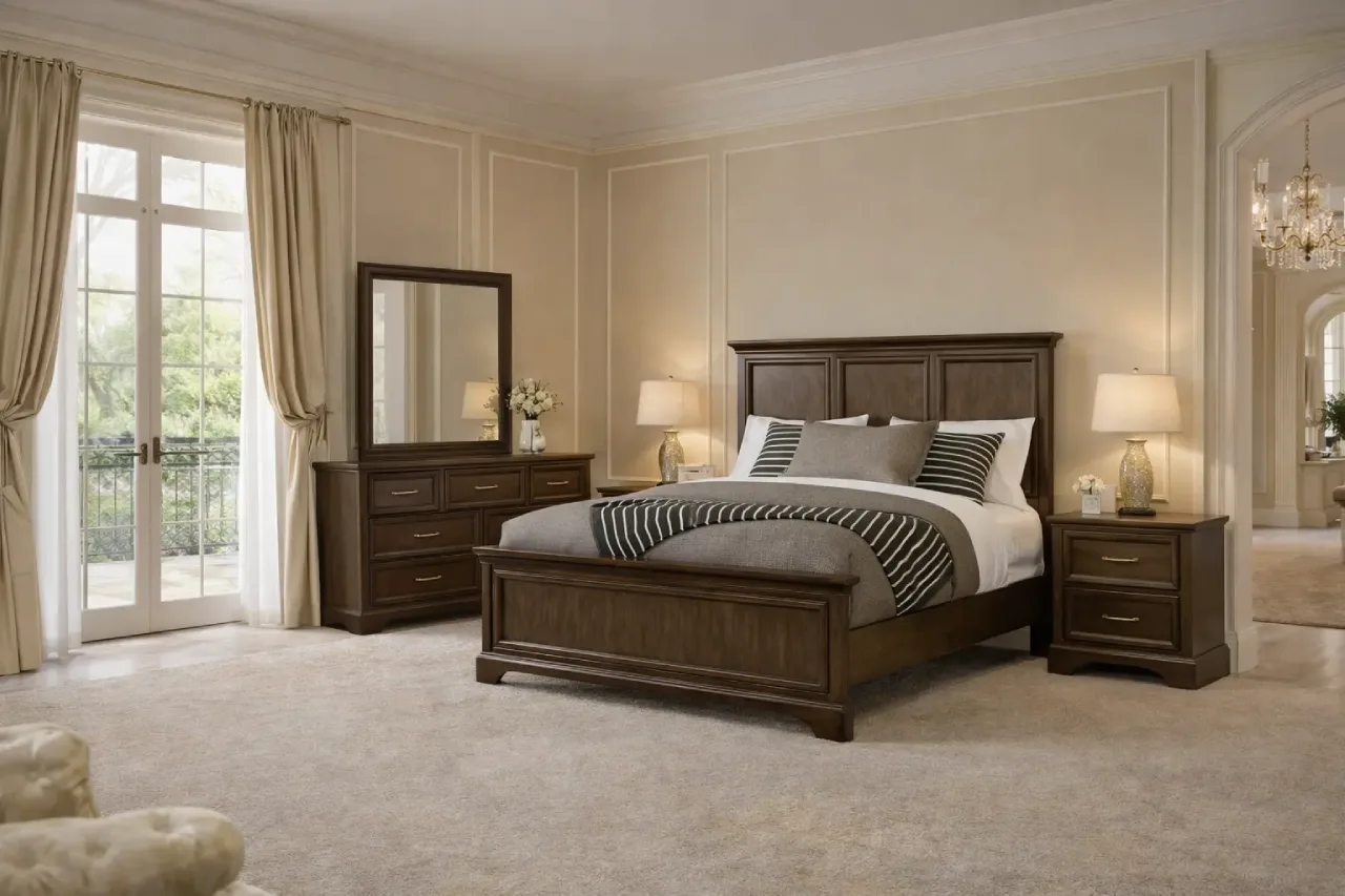 Traditional Kerala style bedroom with a carved teak wood four-poster bed and brass oil lamps—heritage NRI home in Palakkad.