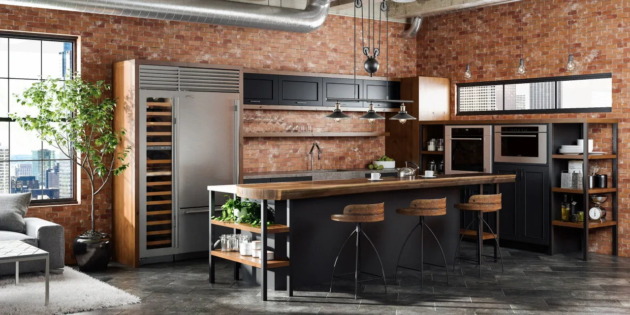 Industrial style farmhouse kitchen with matte black cabinetry, open steel shelving, and exposed brick walls—modern design in Attappadi.
