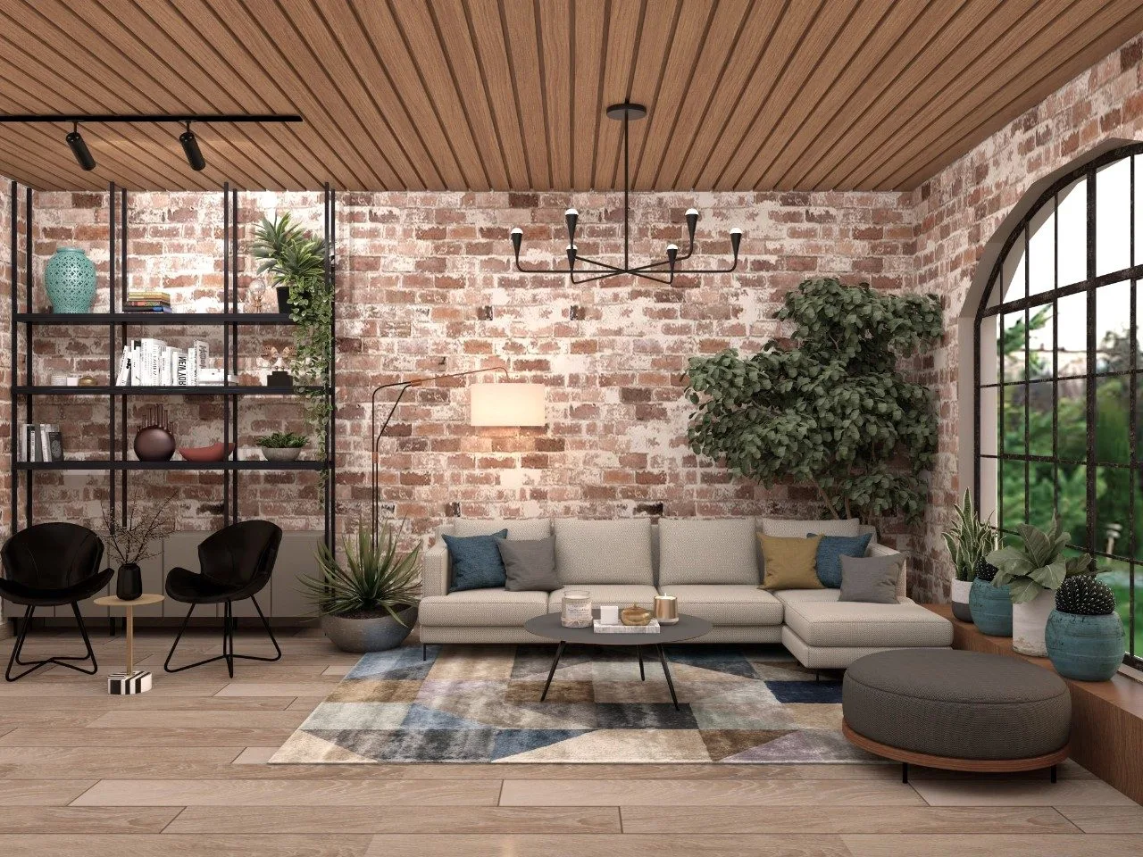 Industrial style farmhouse living room with double-height ceilings, exposed brick walls, and metal-framed windows—modern design in Attappadi.