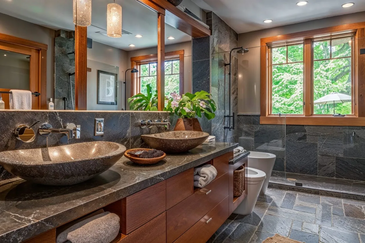 Rustic open-air farmhouse bathroom featuring natural stone walls and a rainfall shower—outdoor-indoor living design in Siruvani.