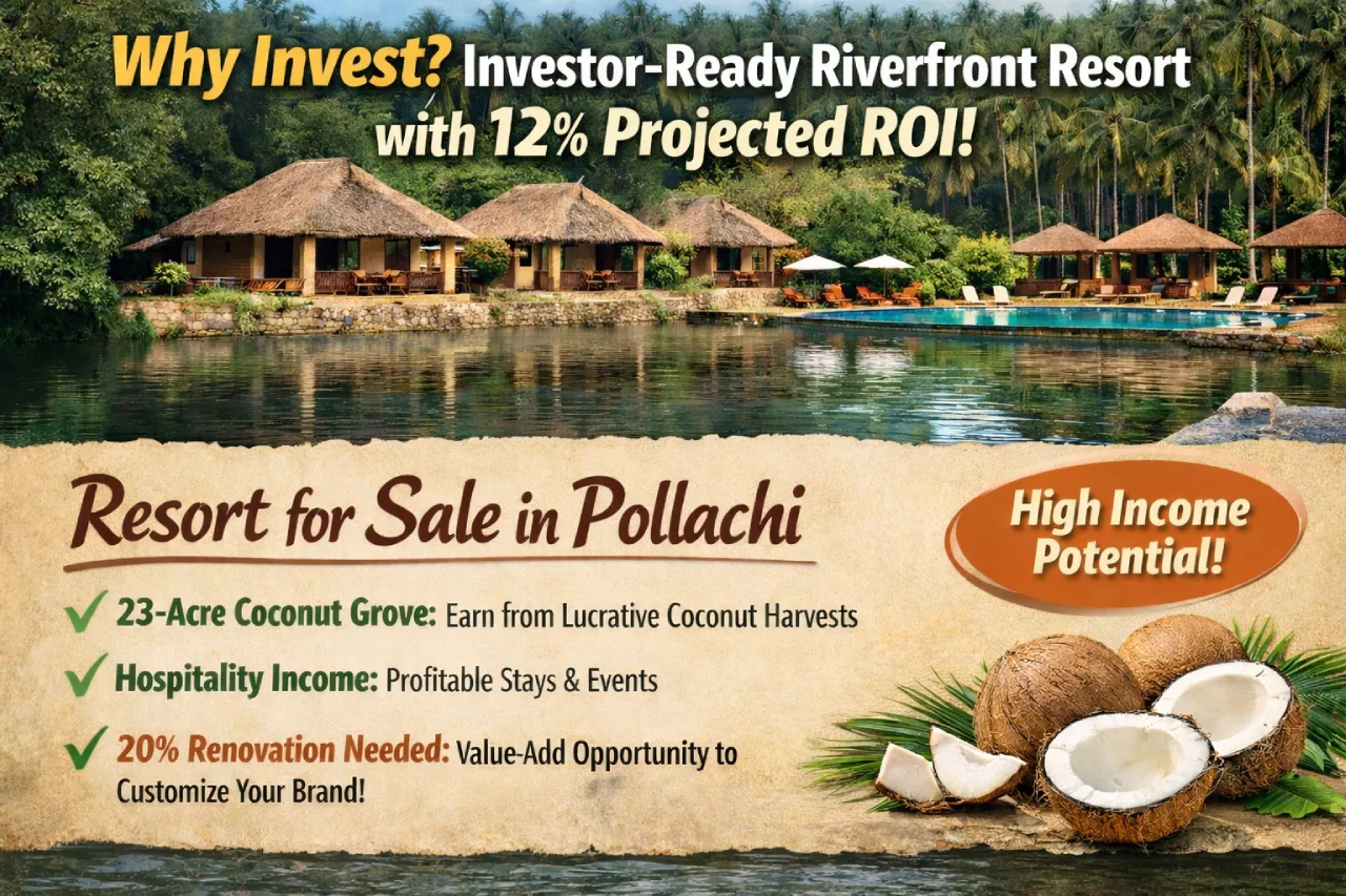 23-acre coconut grove resort for sale in Pollachi foothills with river access and swimming pool